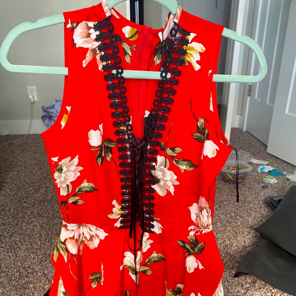 missguided red lace up floral romper